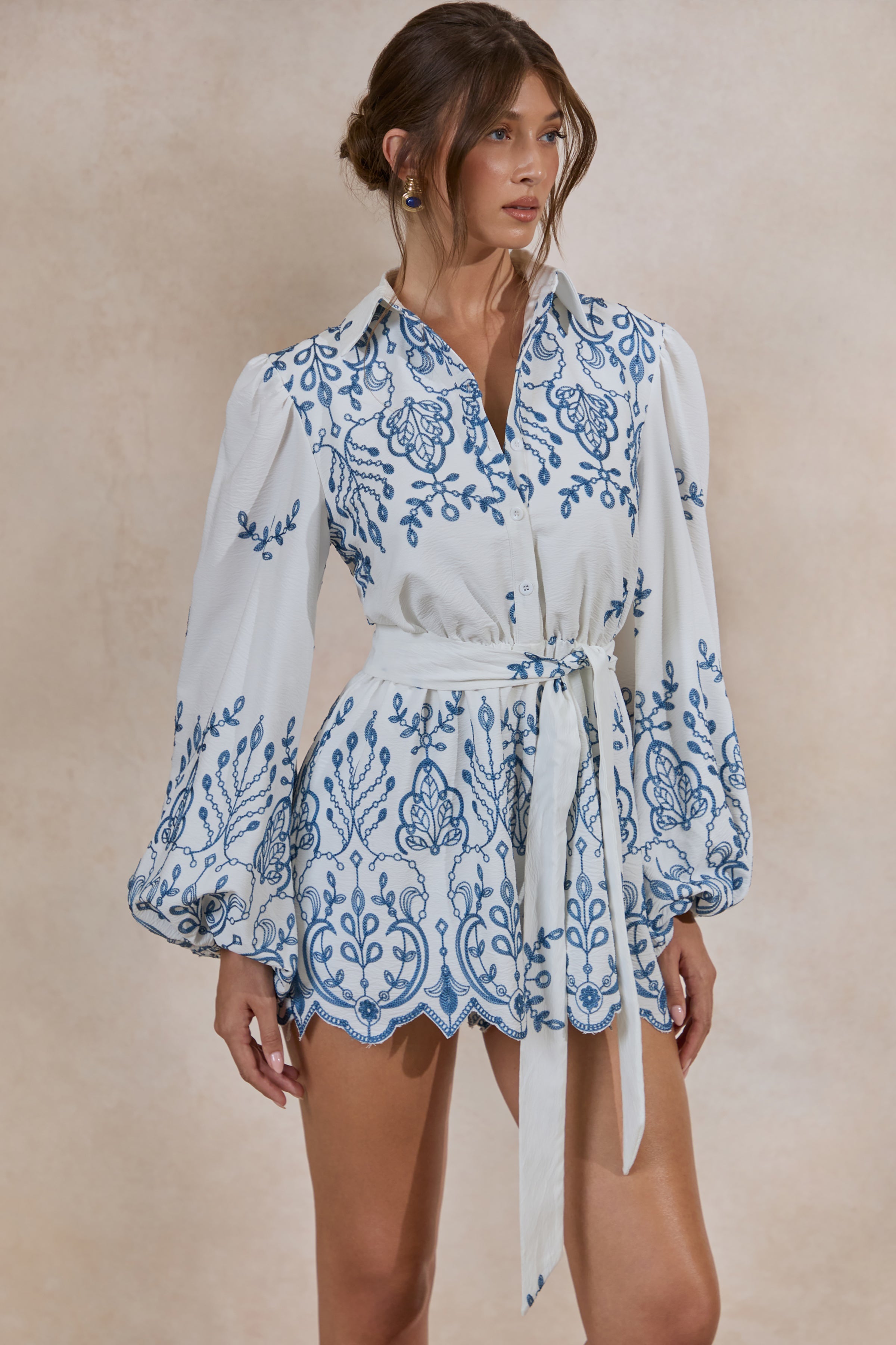 Loovay Delftblauw Droom Jumpsuit, Broderie Playsuit met Ballonmouwen