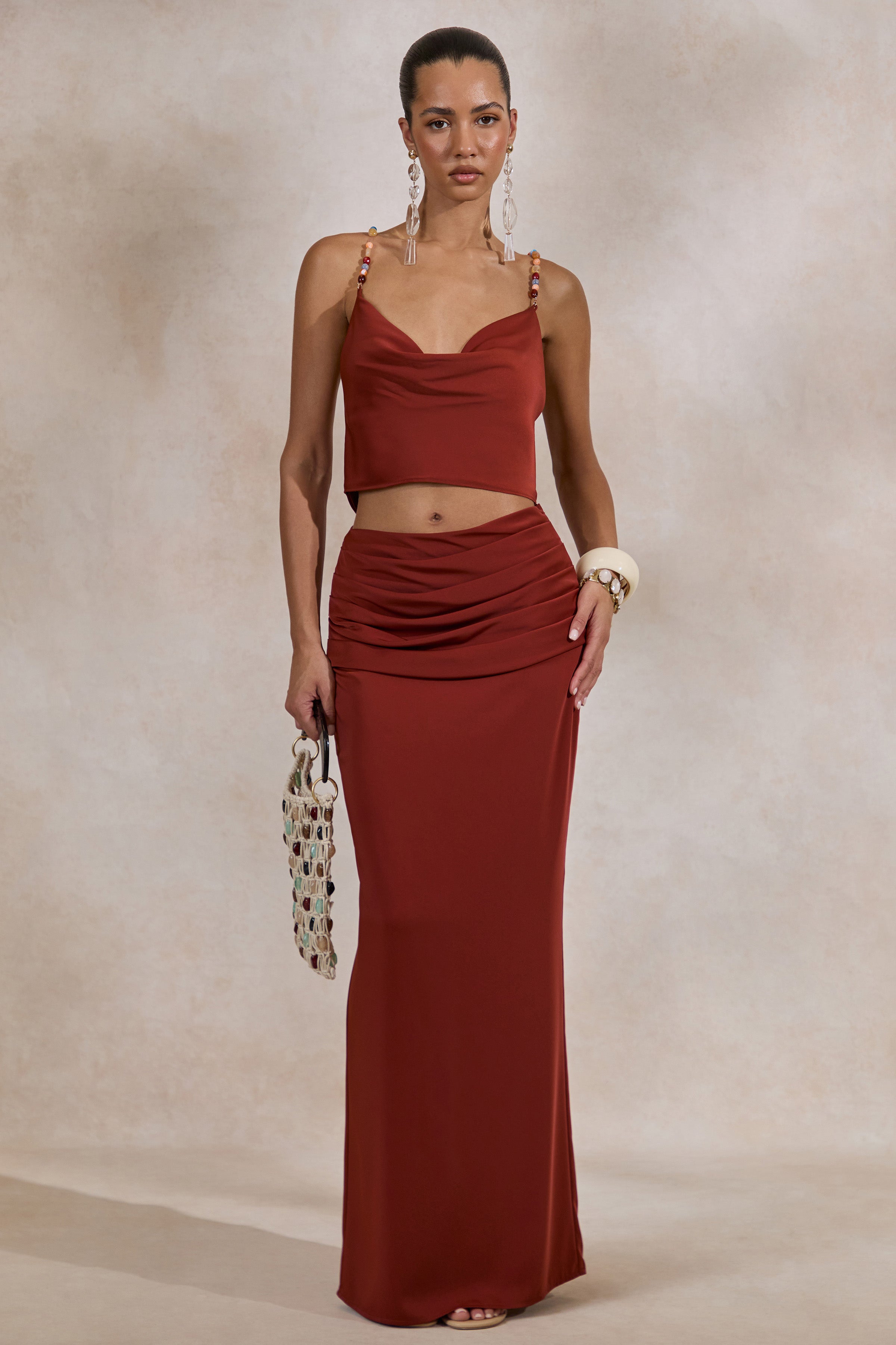 Loovay Ravelle Set, Satijnen Crop Top en Maxi Rok