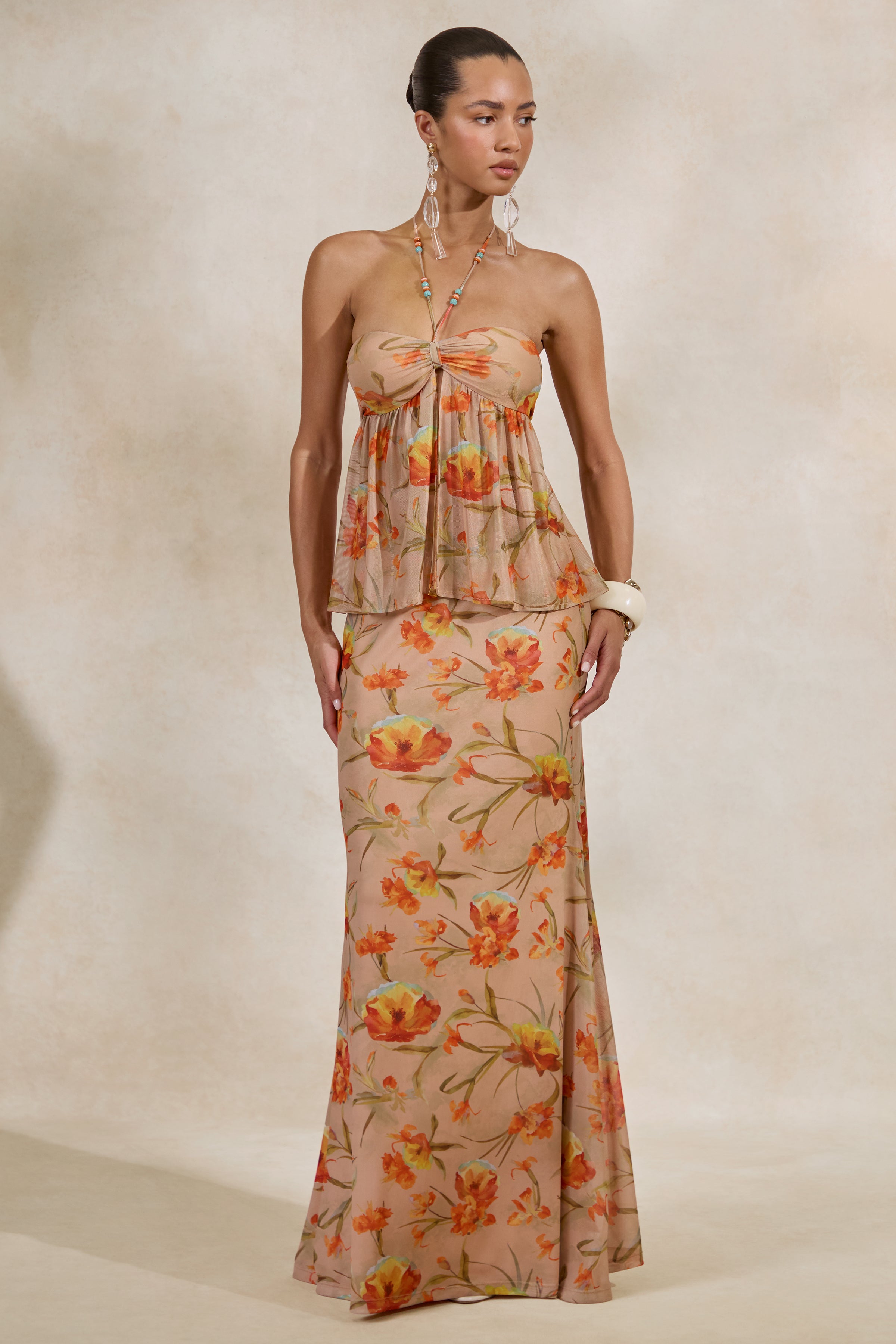 Loovay Soléa Fleur Set, Elegante Haltertop met Bloemenprint Maxi Rok