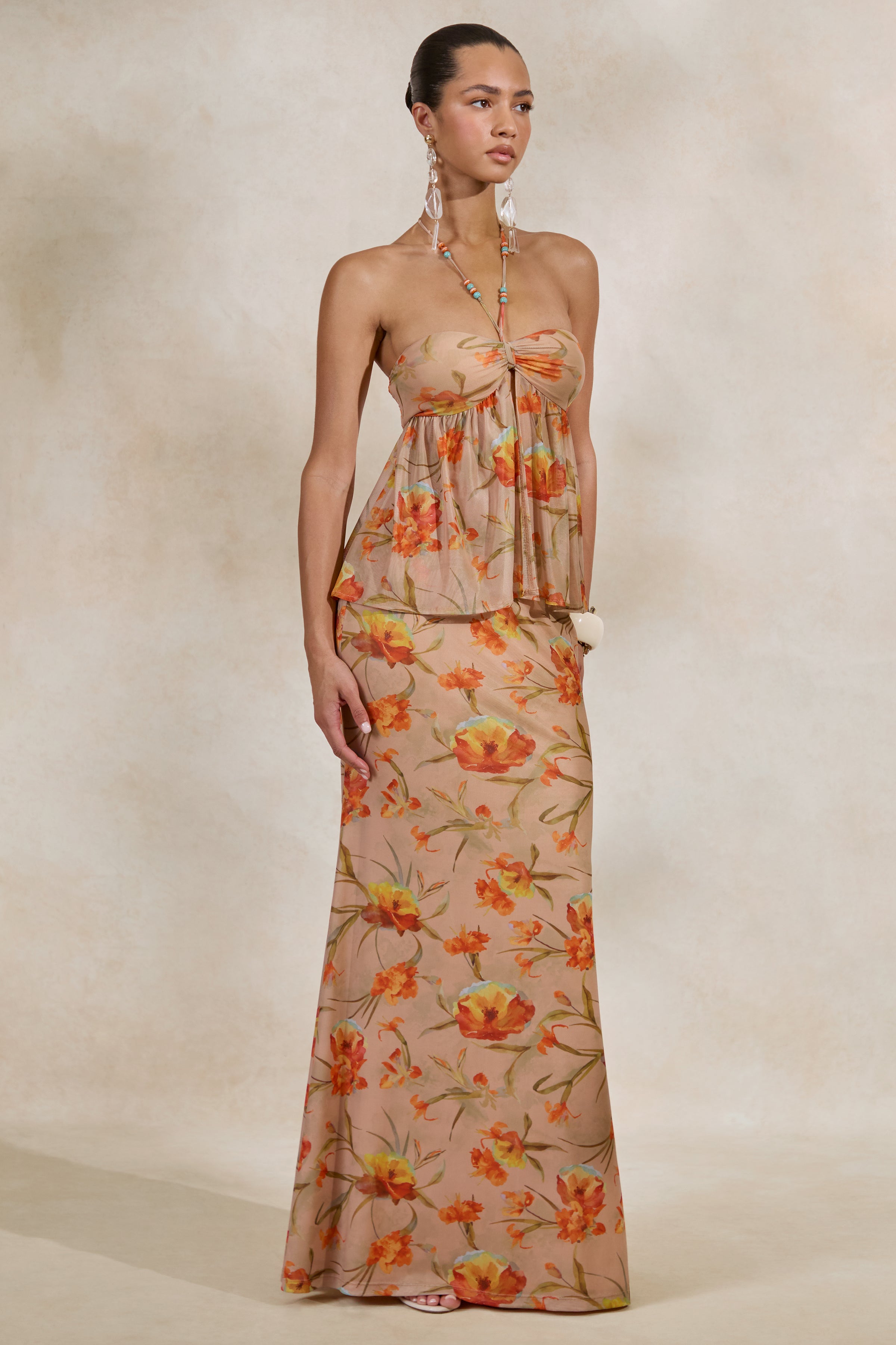 Loovay Soléa Fleur Set, Elegante Haltertop met Bloemenprint Maxi Rok