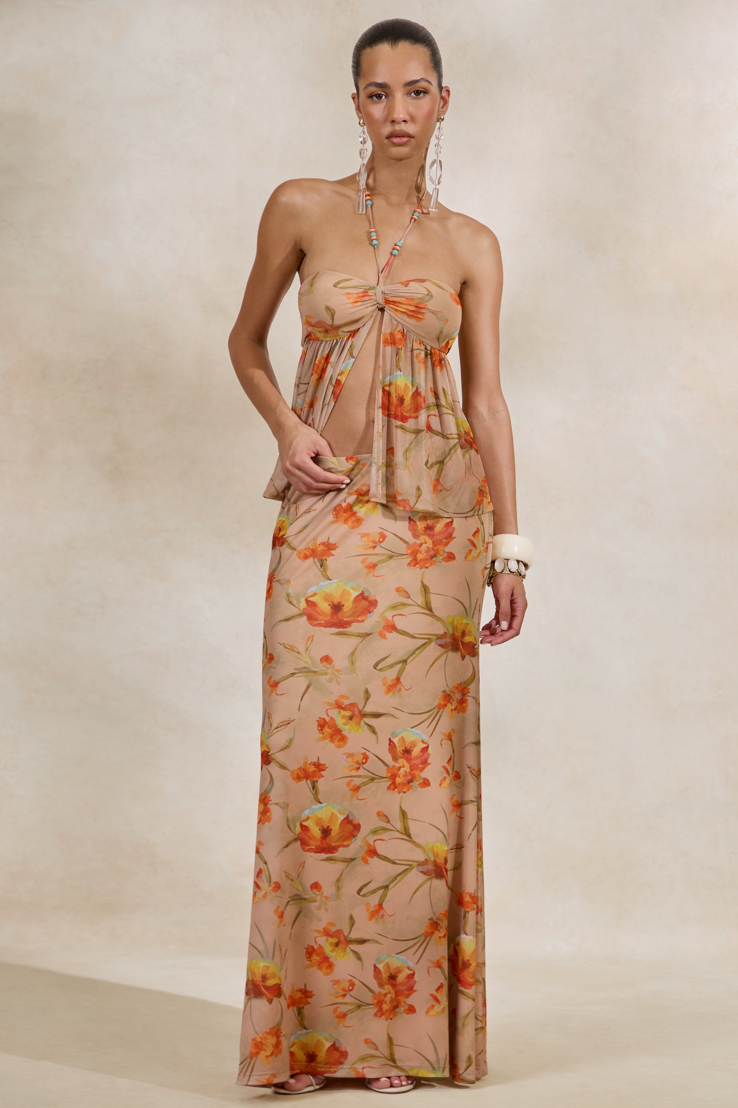 Loovay Soléa Fleur Set, Elegante Haltertop met Bloemenprint Maxi Rok