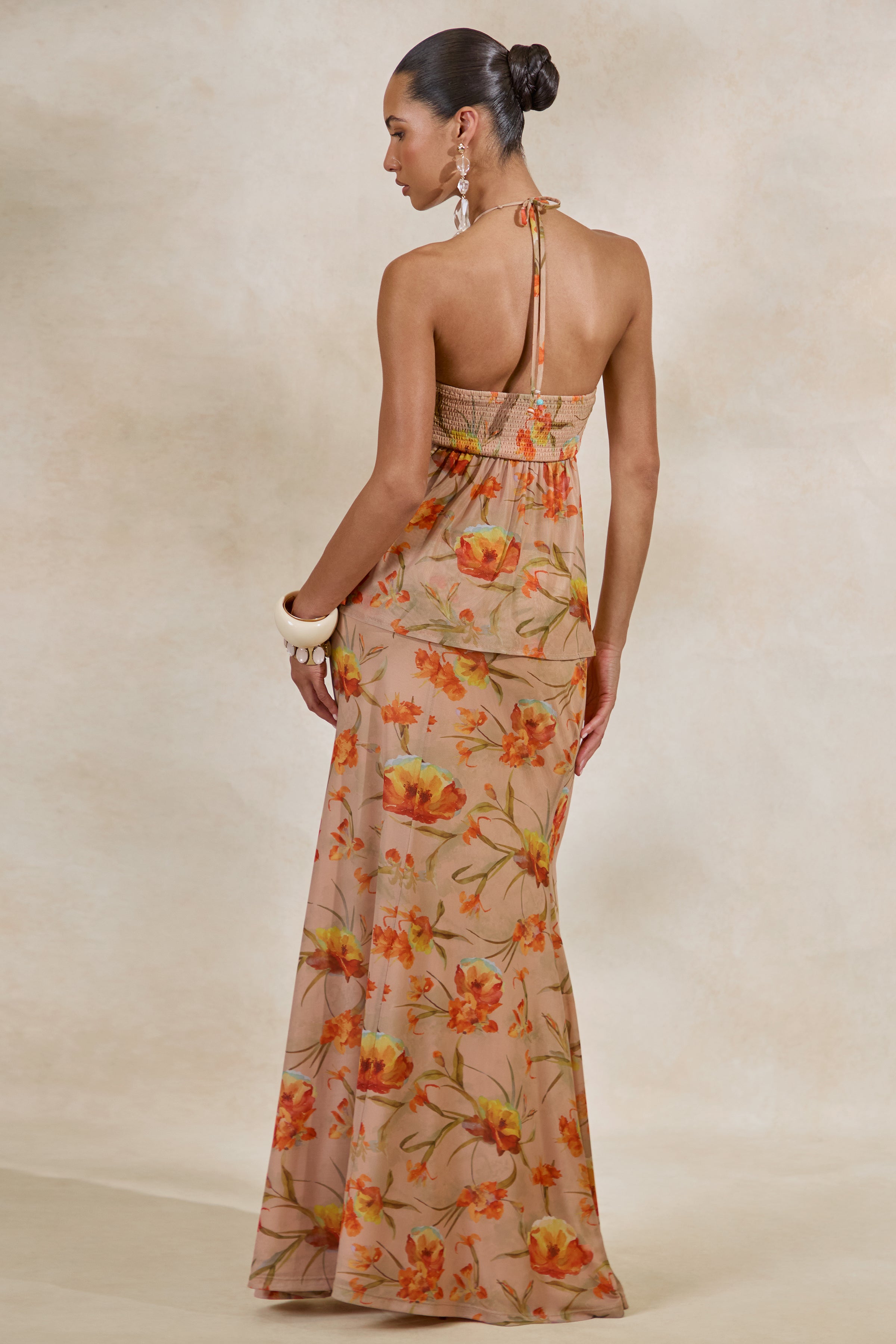 Loovay Soléa Fleur Set, Elegante Haltertop met Bloemenprint Maxi Rok
