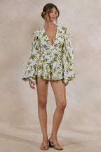 Loovay Verdezza Playsuit, Witte Broderie Playsuit met Groene Print