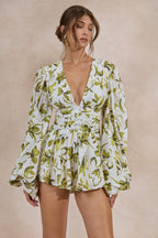 Loovay Verdezza Playsuit, Witte Broderie Playsuit met Groene Print