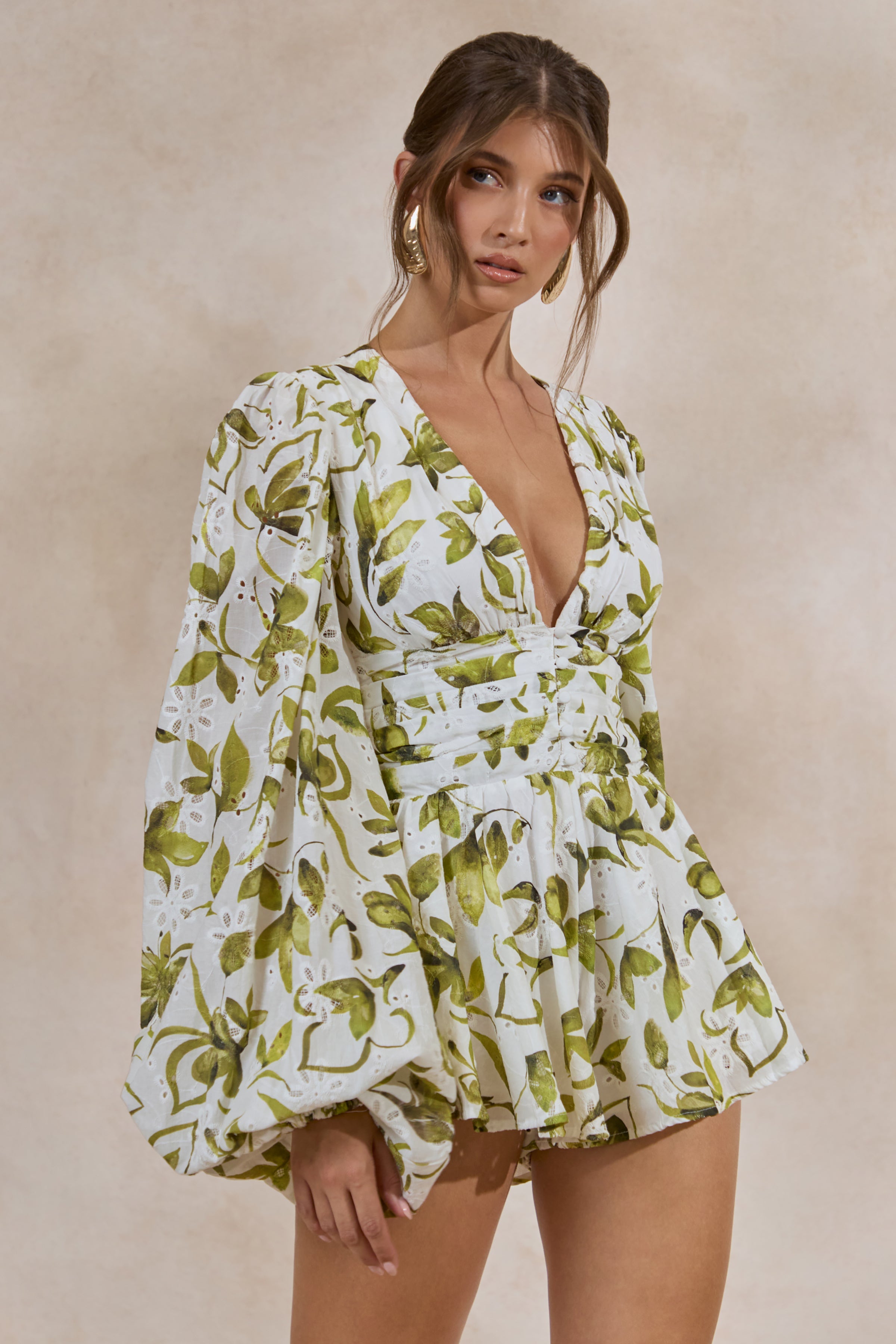 Loovay Verdezza Playsuit, Witte Broderie Playsuit met Groene Print