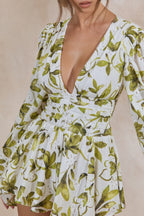 Loovay Verdezza Playsuit, Witte Broderie Playsuit met Groene Print