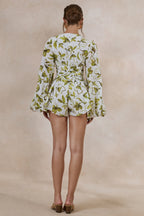 Loovay Verdezza Playsuit, Witte Broderie Playsuit met Groene Print