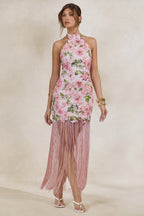 Loovay Roselisse Maxi Jurk, Roze Bloemenprint met Franjes