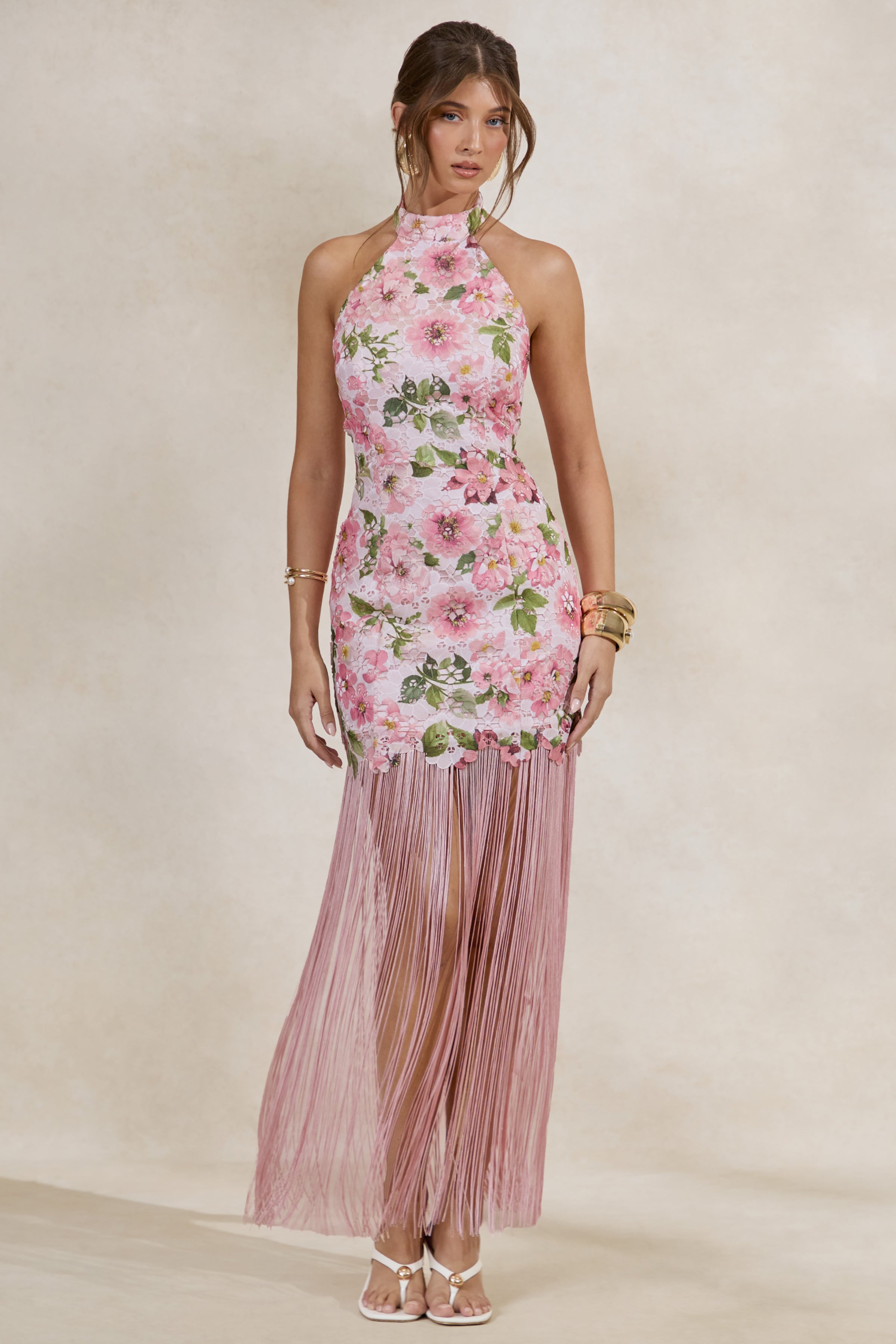 Loovay Roselisse Maxi Jurk, Roze Bloemenprint met Franjes