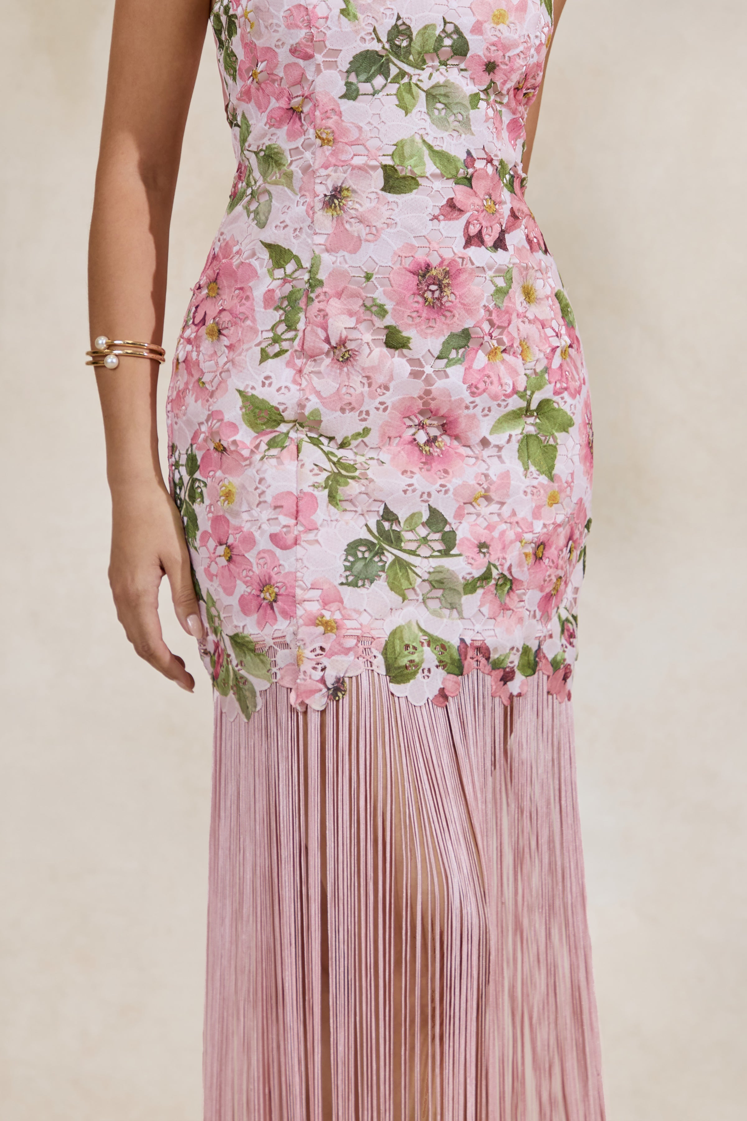 Loovay Roselisse Maxi Jurk, Roze Bloemenprint met Franjes