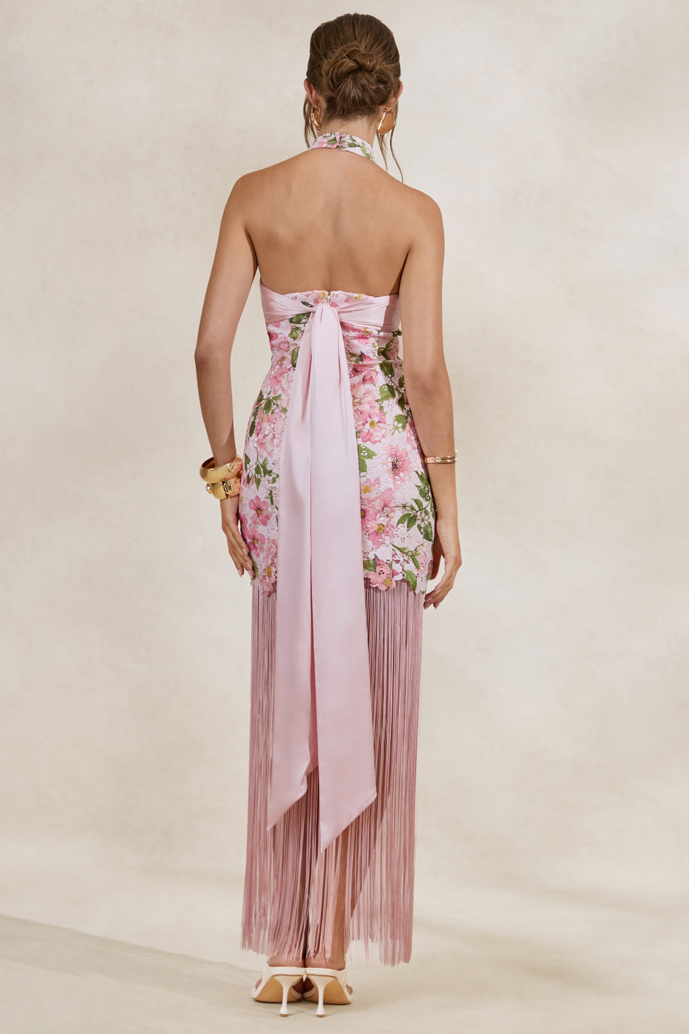 Loovay Roselisse Maxi Jurk, Roze Bloemenprint met Franjes