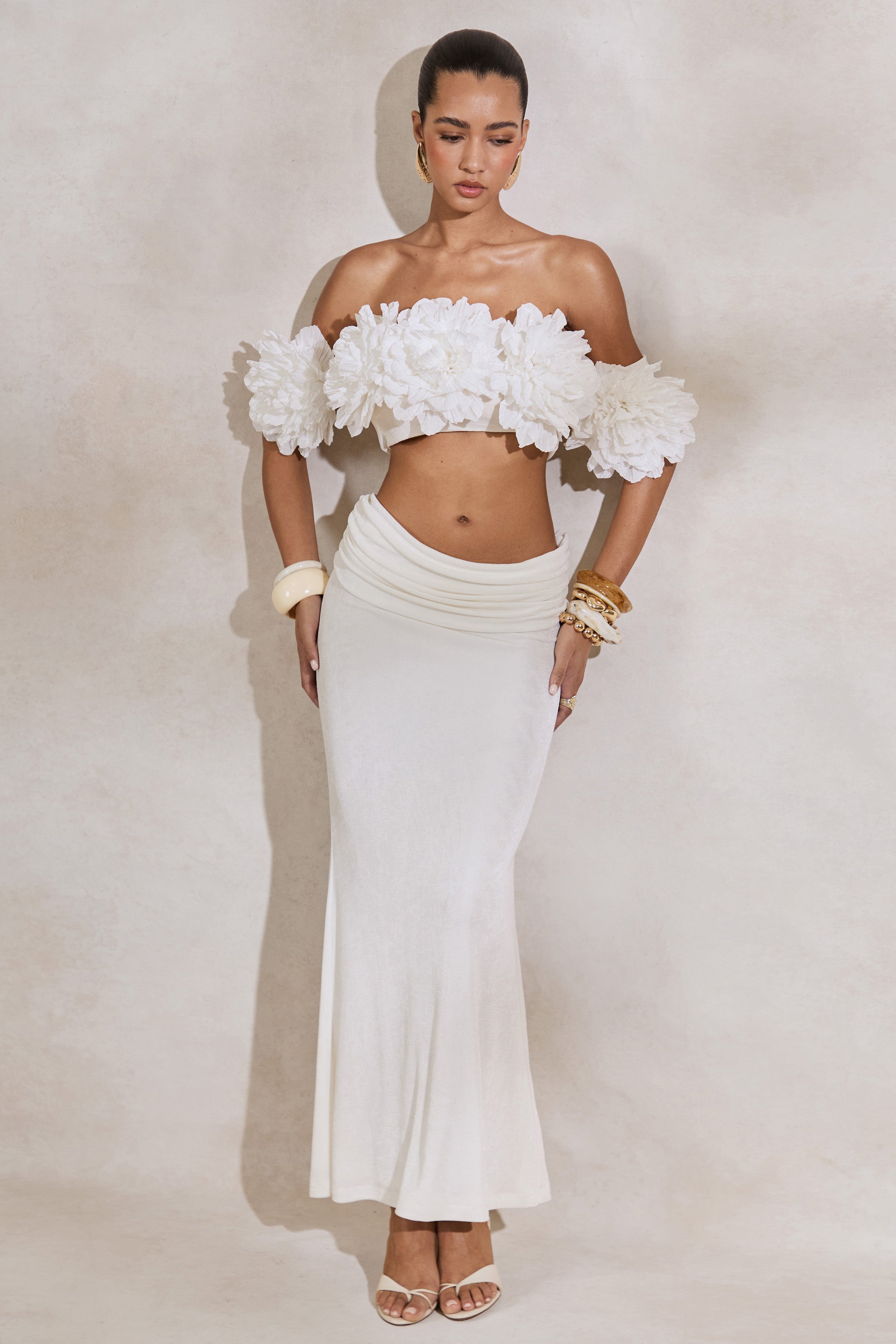 Loovay Fiorélle Set, Bloemen Crop Top met Gedrapeerde Maxi Rok