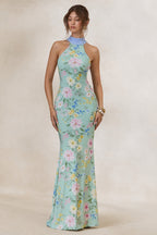 Loovay Floréa Maxi Jurk, Mint Bloemenprint met Sjaaldetail