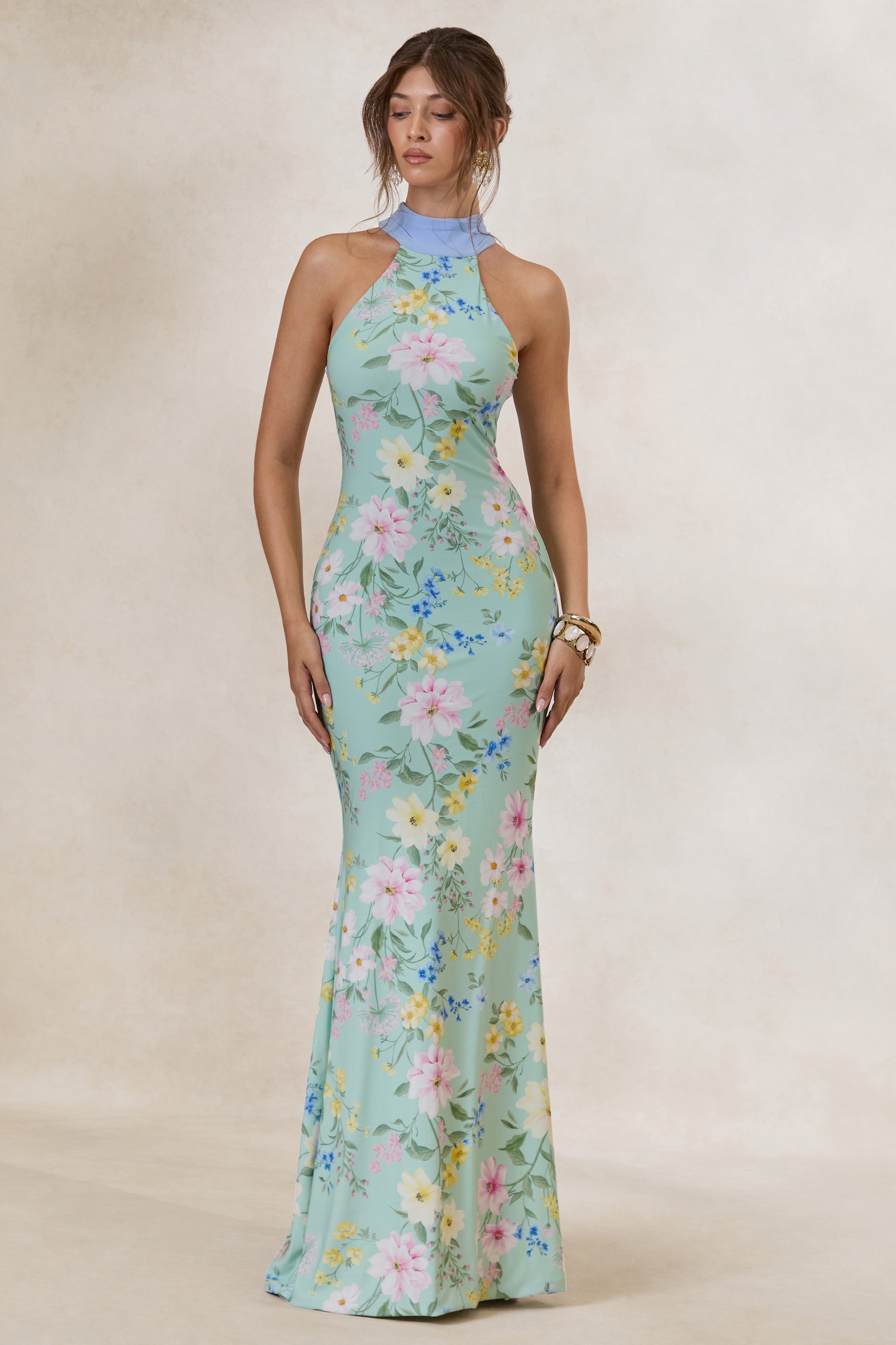 Loovay Floréa Maxi Jurk, Mint Bloemenprint met Sjaaldetail