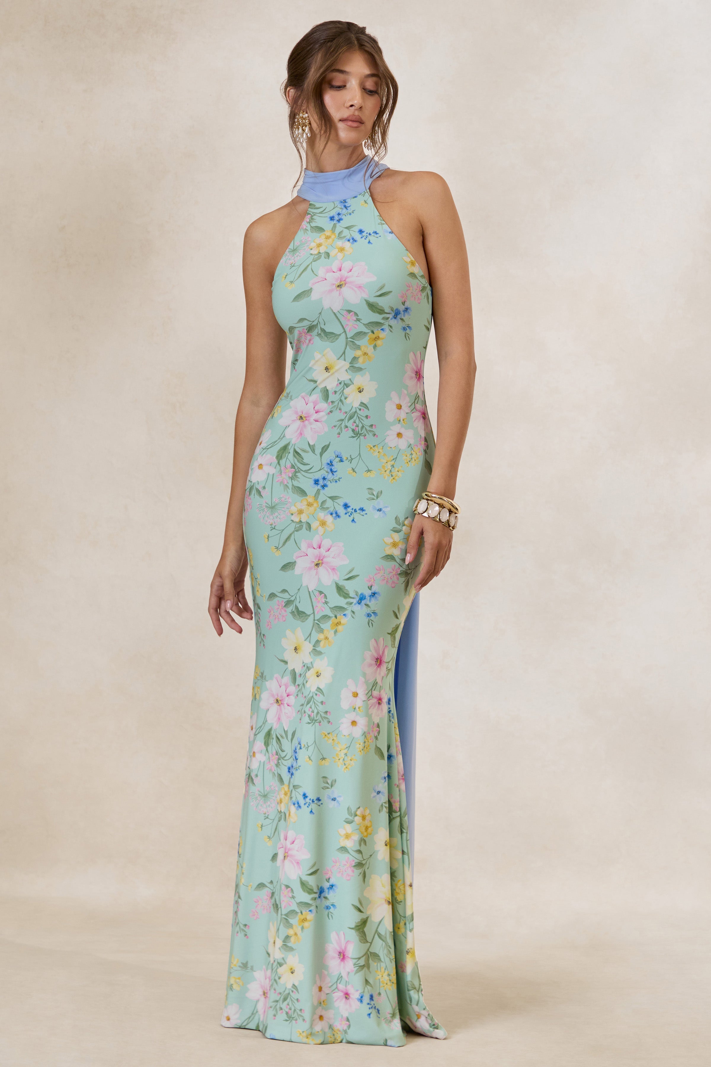 Loovay Floréa Maxi Jurk, Mint Bloemenprint met Sjaaldetail