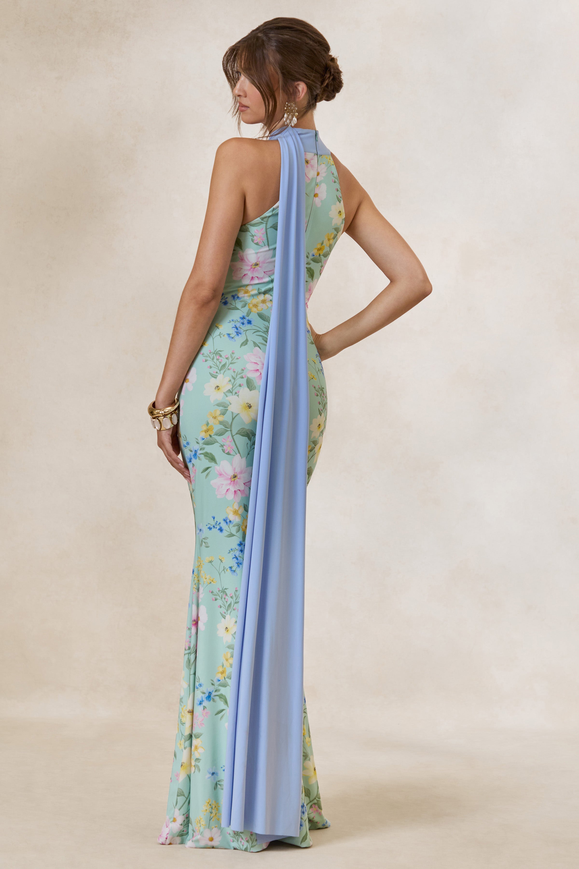 Loovay Floréa Maxi Jurk, Mint Bloemenprint met Sjaaldetail