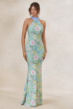 Loovay Floréa Maxi Jurk, Mint Bloemenprint met Sjaaldetail