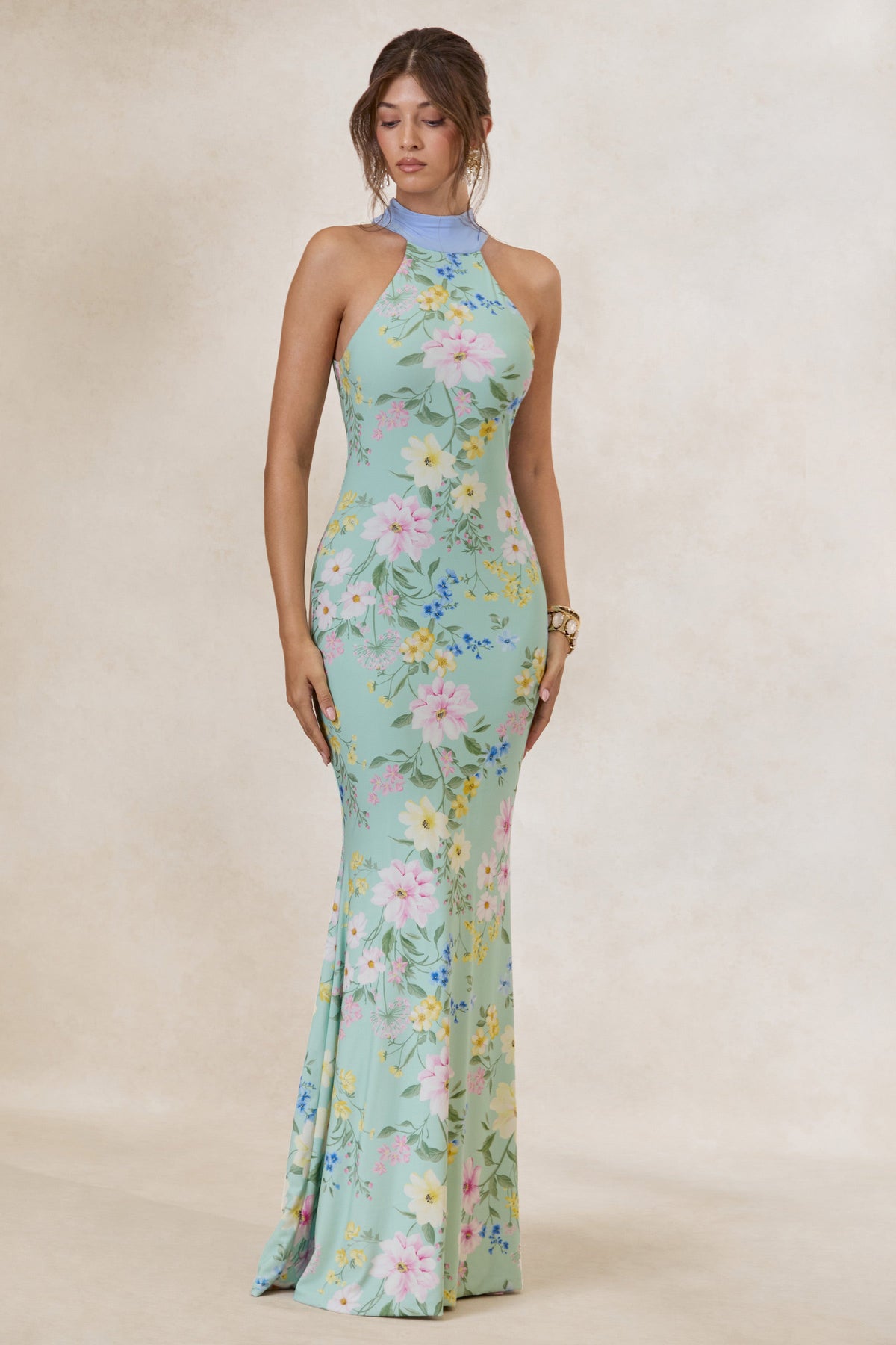 Loovay Floréa Maxi Jurk, Mint Bloemenprint met Sjaaldetail