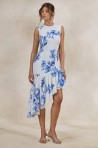 Loovay Celestique Midi Jurk, Blauwe Bloemenprint met Asymmetrische Zoom