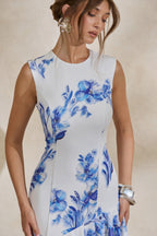 Loovay Celestique Midi Jurk, Blauwe Bloemenprint met Asymmetrische Zoom