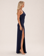 Loovay Selmira One-Shoulder Maxi-jurk met Hoge Split