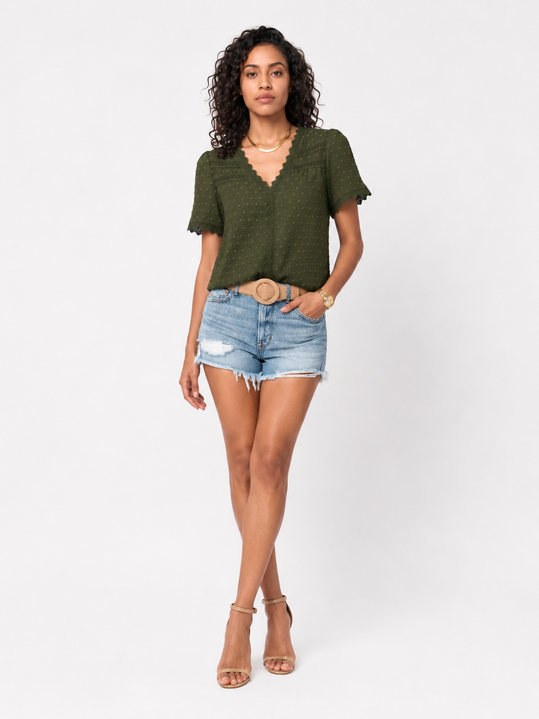 Loovay Roselina Blouse, Kanten V Hals