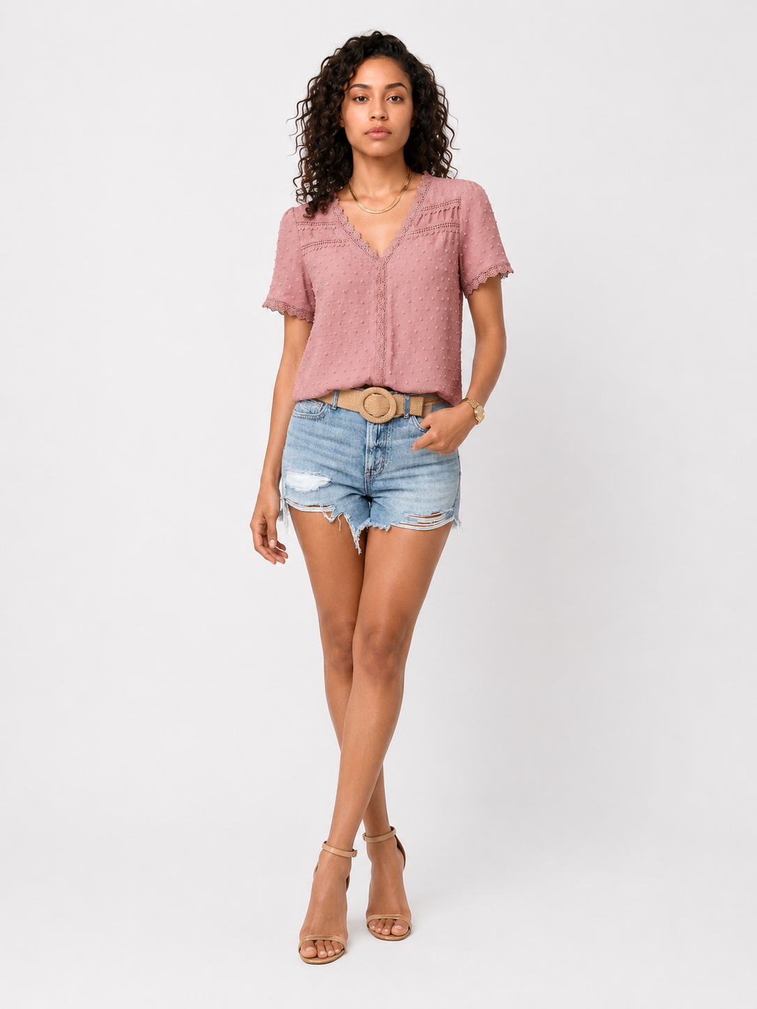 Loovay Roselina Blouse, Kanten V Hals
