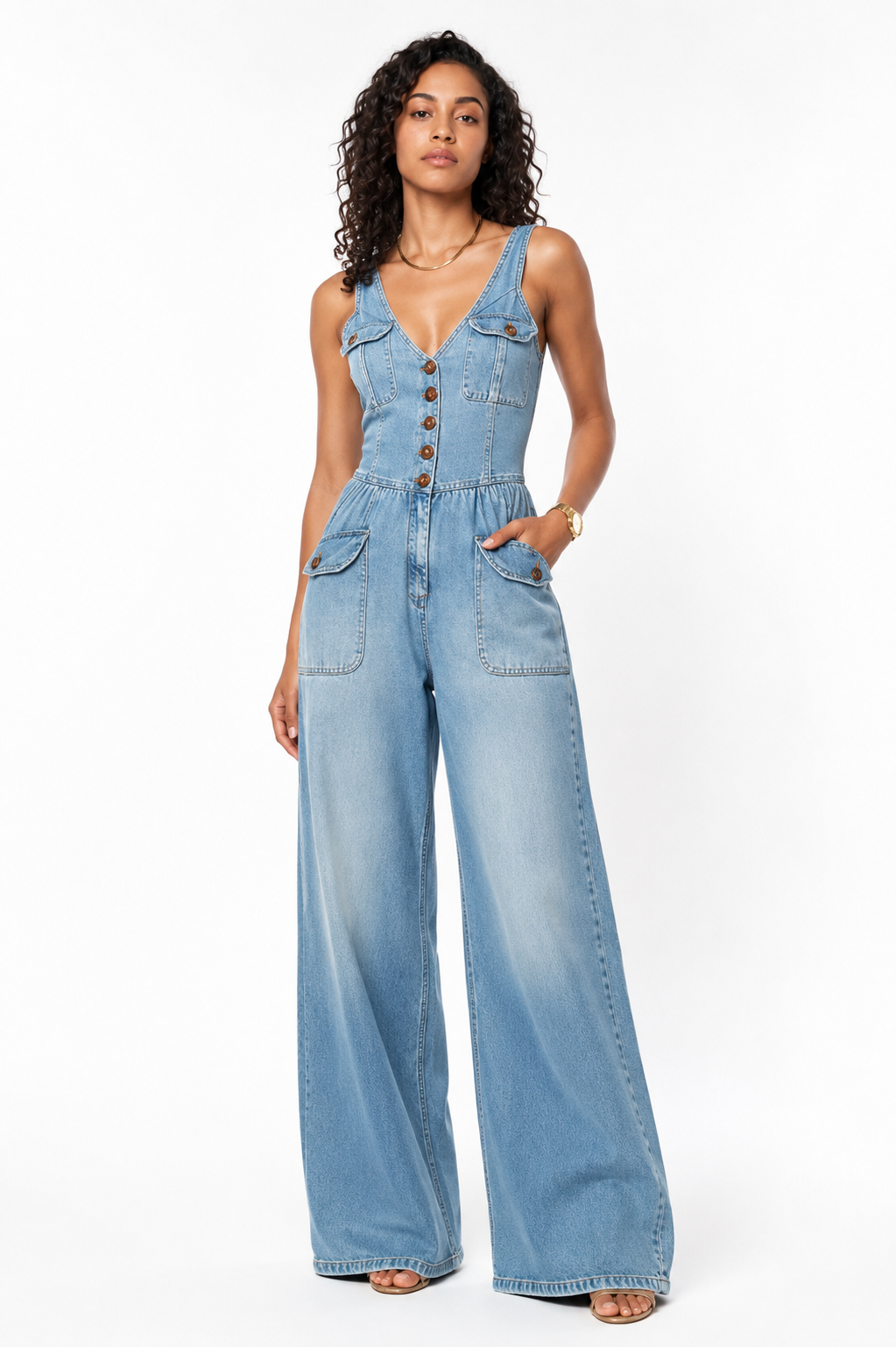 Loovay Elvara Jumpsuit, Denim V Hals Design