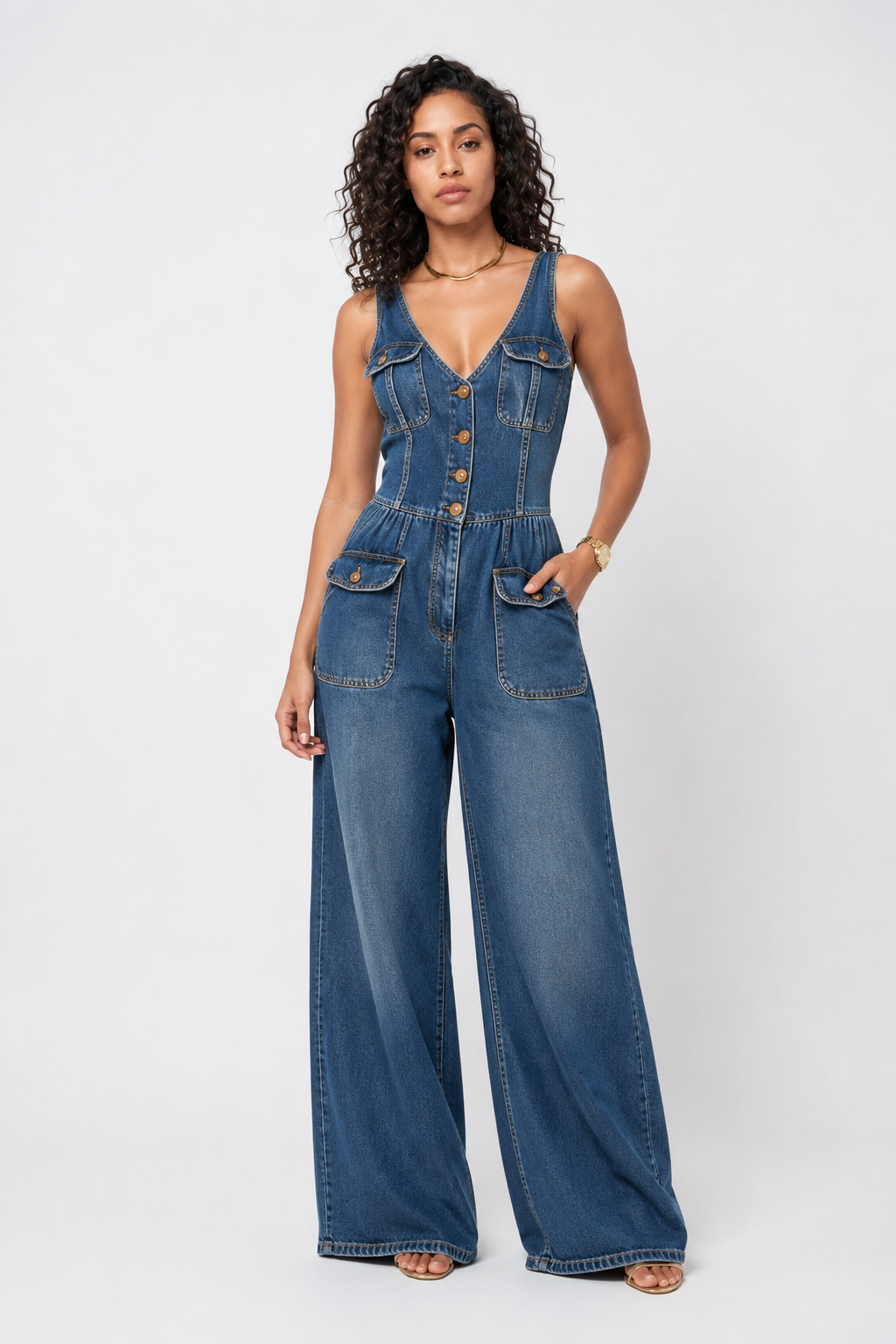 Loovay Elvara Jumpsuit, Denim V Hals Design