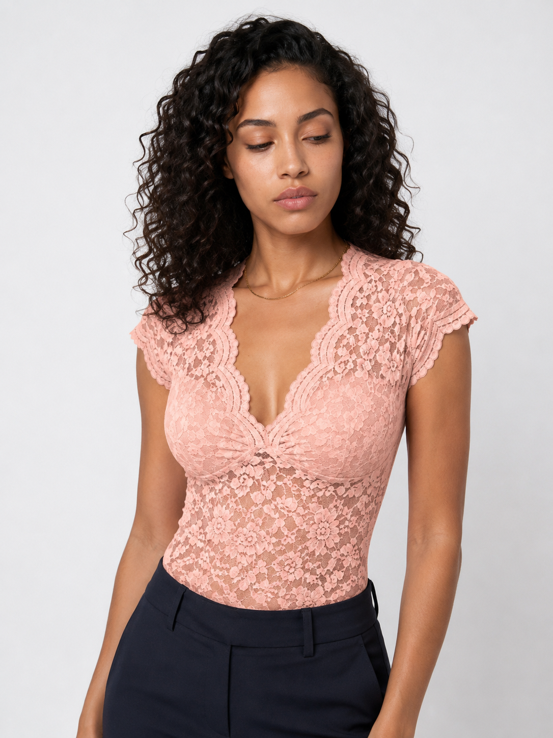 Loovay Elovina Kanten Top, V Hals