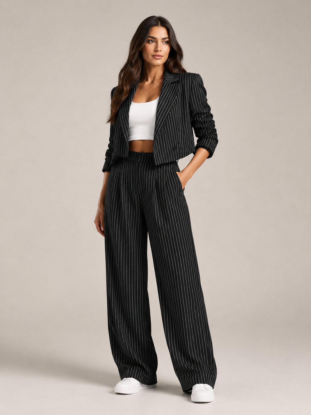 Loovay Line Krijtstreep Blazer en Wide Leg Broek Set