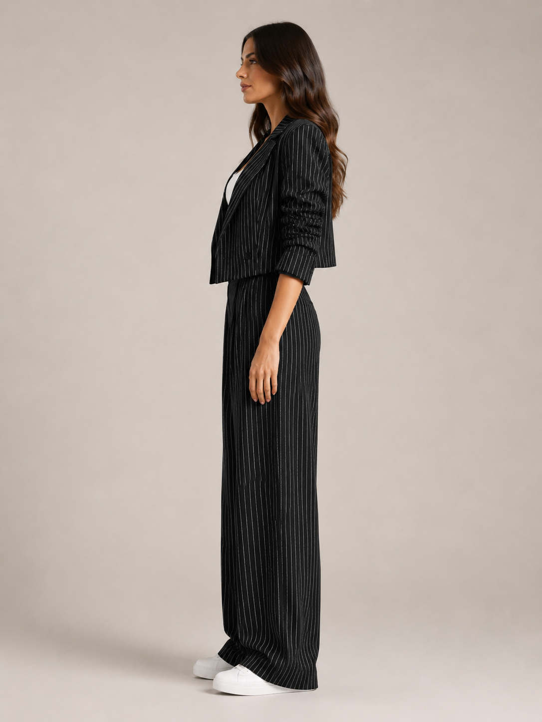 Loovay Line Krijtstreep Blazer en Wide Leg Broek Set
