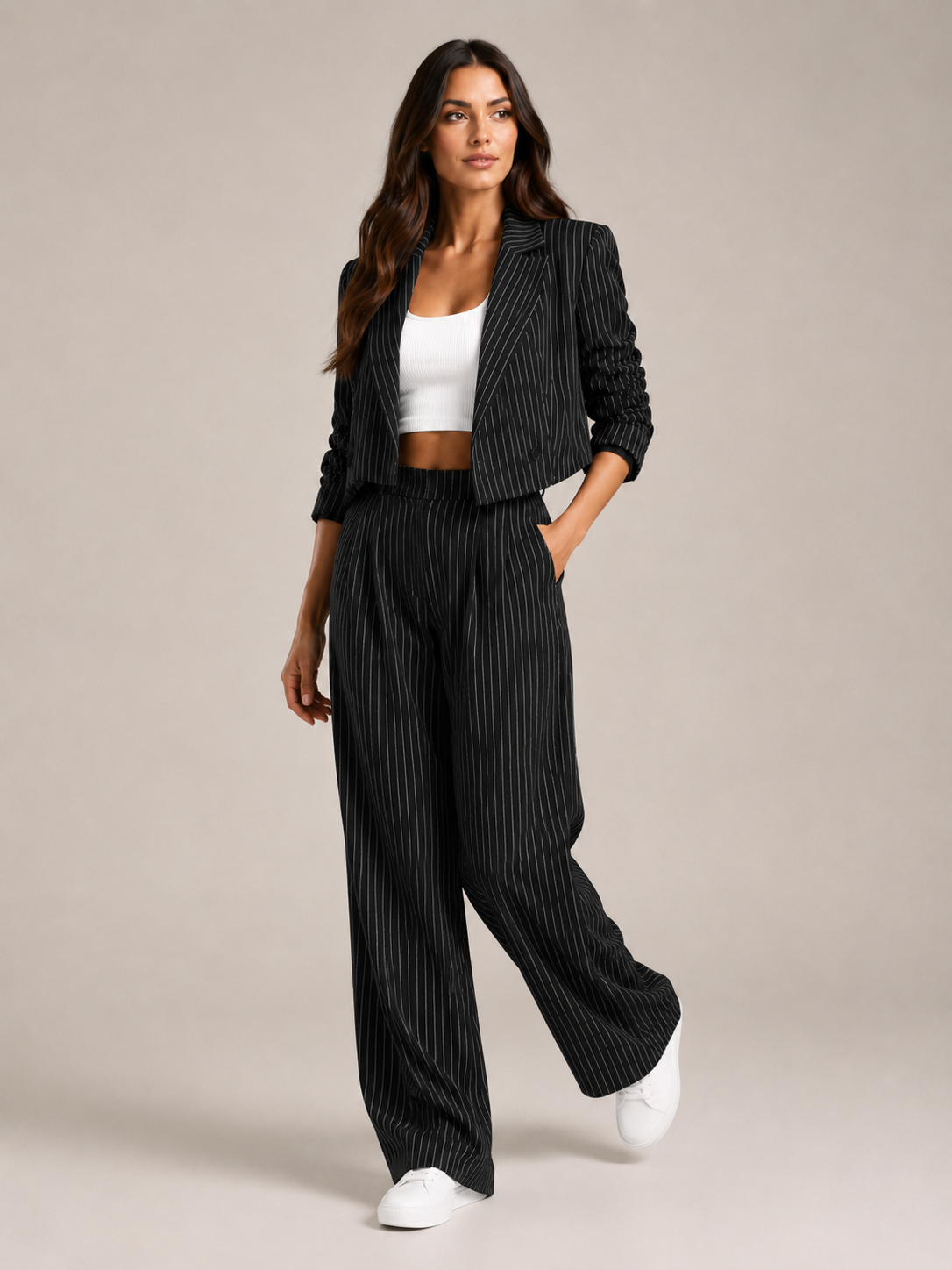Loovay Line Krijtstreep Blazer en Wide Leg Broek Set