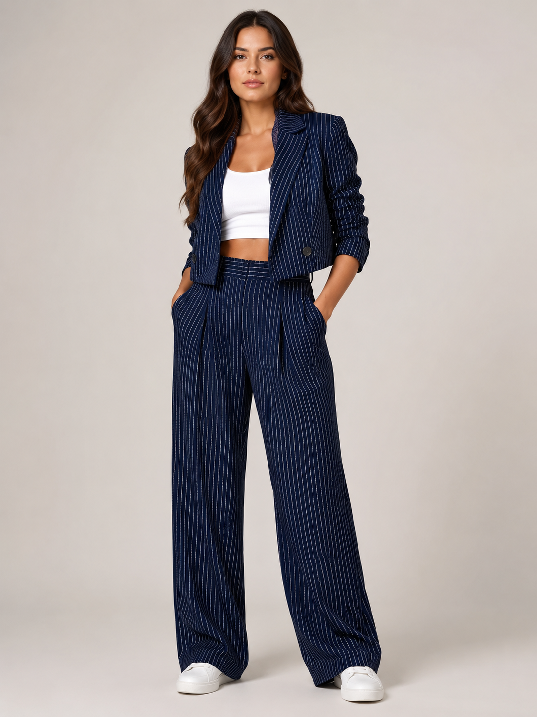 Loovay Line Krijtstreep Blazer en Wide Leg Broek Set