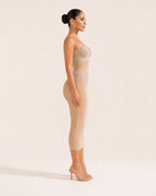 Loovay Diamelle Jurk, Strass Midi Jurk met Mesh