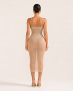 Loovay Diamelle Jurk, Strass Midi Jurk met Mesh