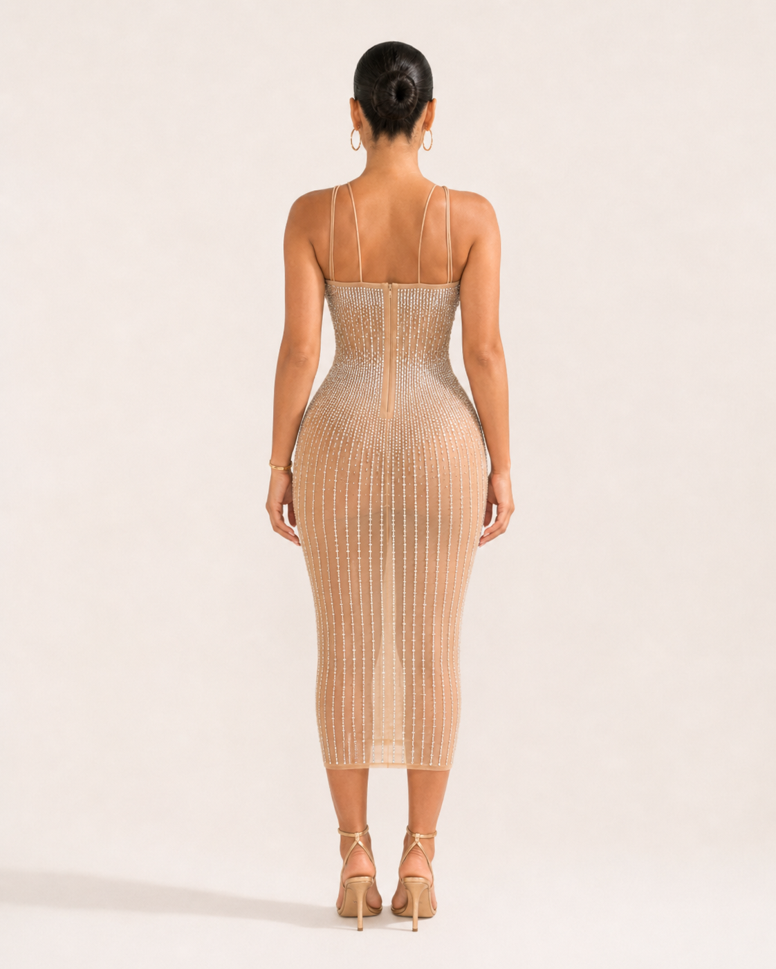 Loovay Diamelle Jurk, Strass Midi Jurk met Mesh