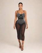 Loovay Diamelle Jurk, Strass Midi Jurk met Mesh