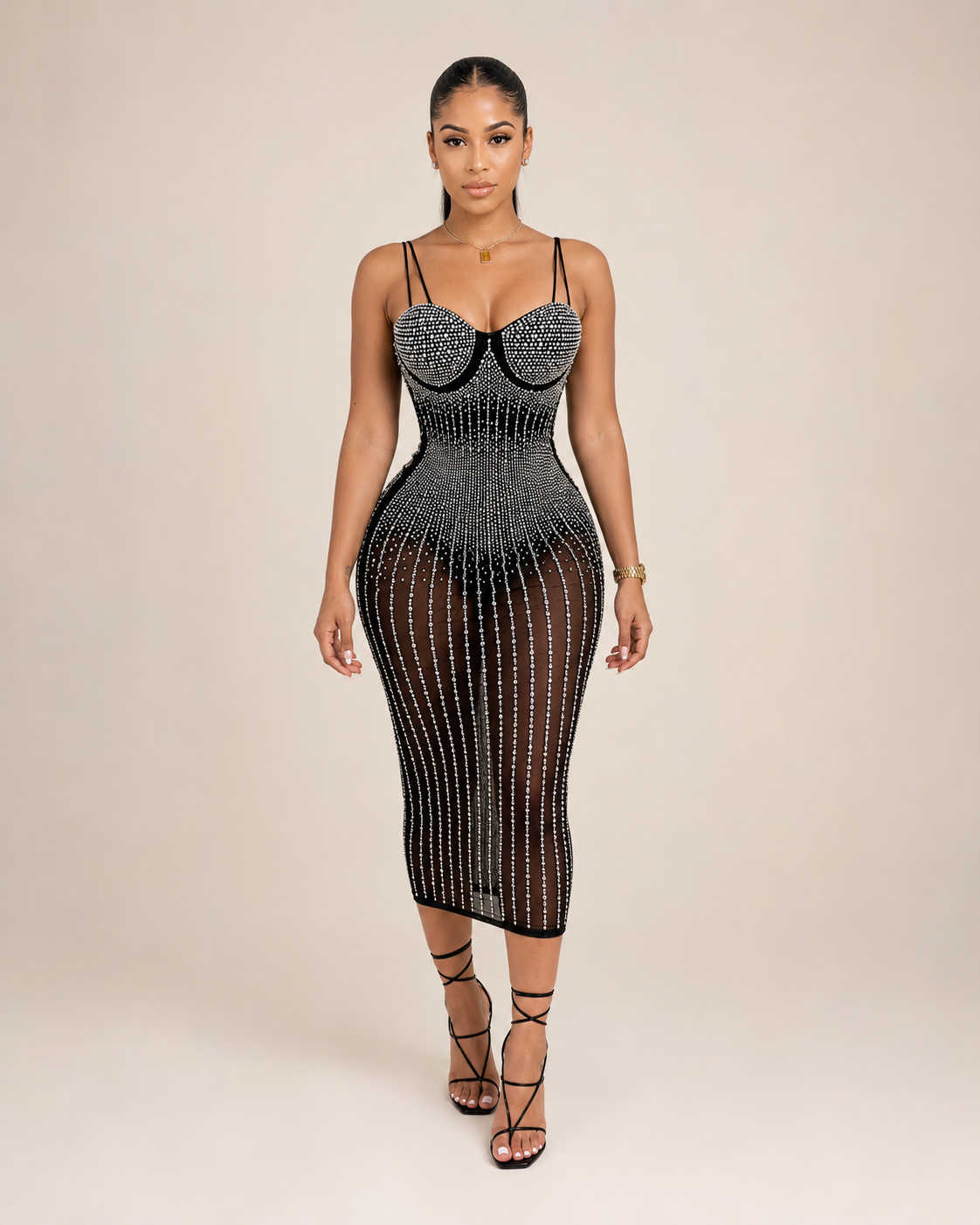 Loovay Diamelle Jurk, Strass Midi Jurk met Mesh