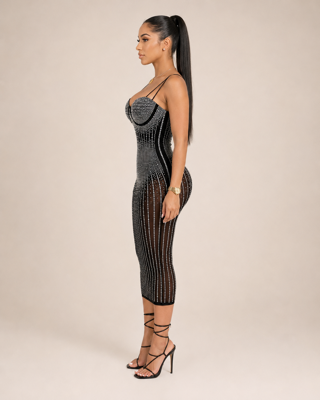Loovay Diamelle Jurk, Strass Midi Jurk met Mesh