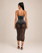 Loovay Diamelle Jurk, Strass Midi Jurk met Mesh