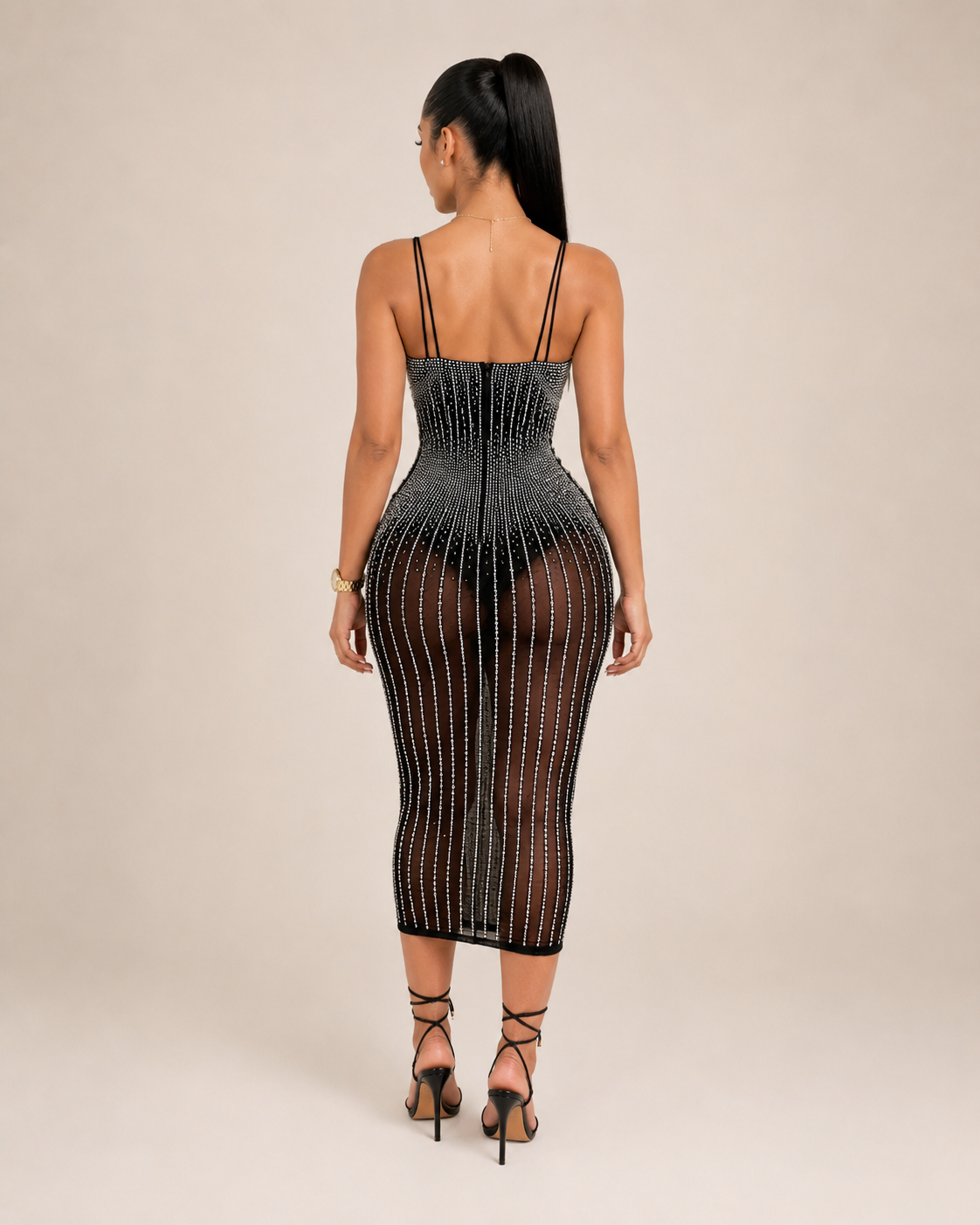 Loovay Diamelle Jurk, Strass Midi Jurk met Mesh