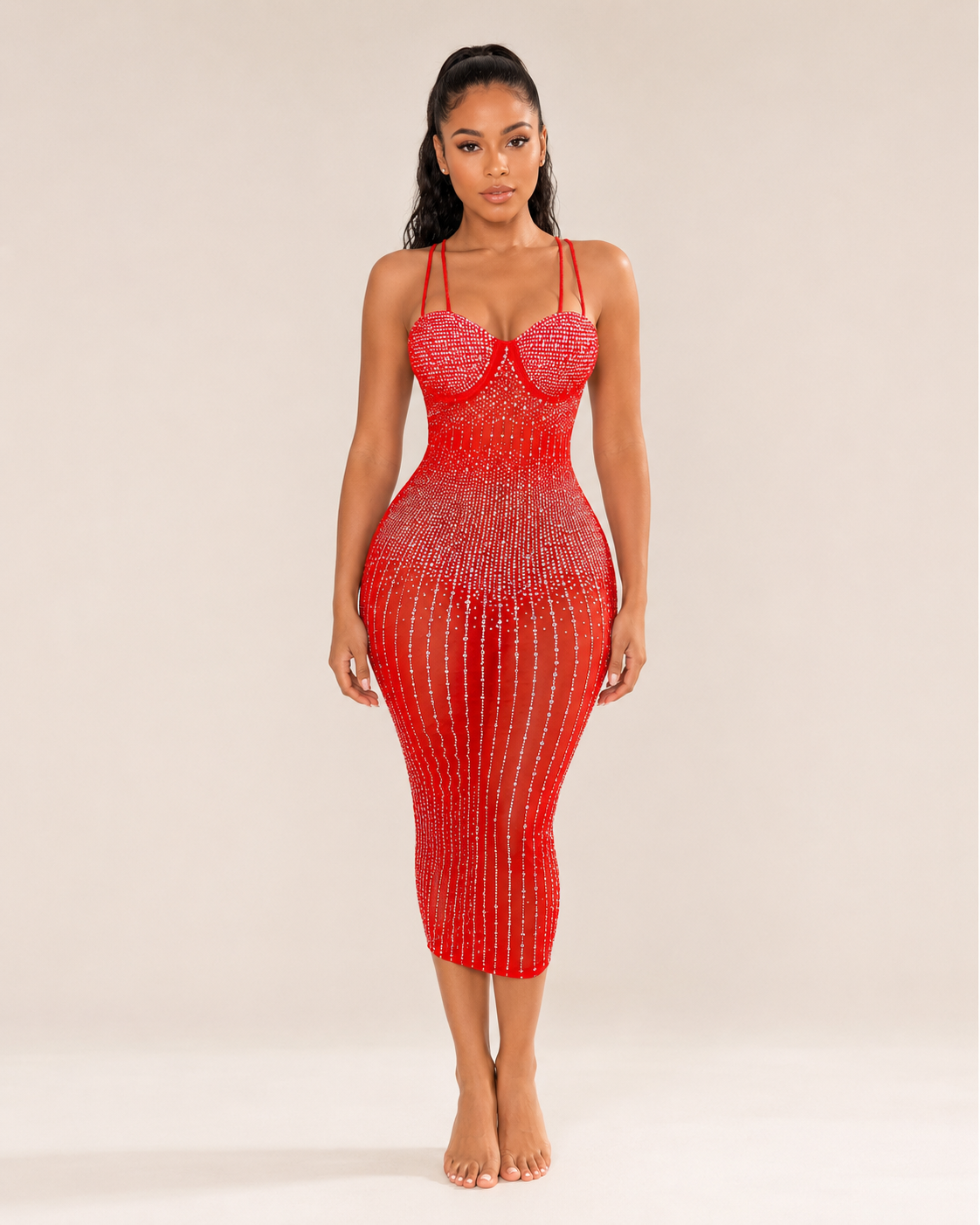 Loovay Diamelle Jurk, Strass Midi Jurk met Mesh