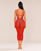 Loovay Diamelle Jurk, Strass Midi Jurk met Mesh