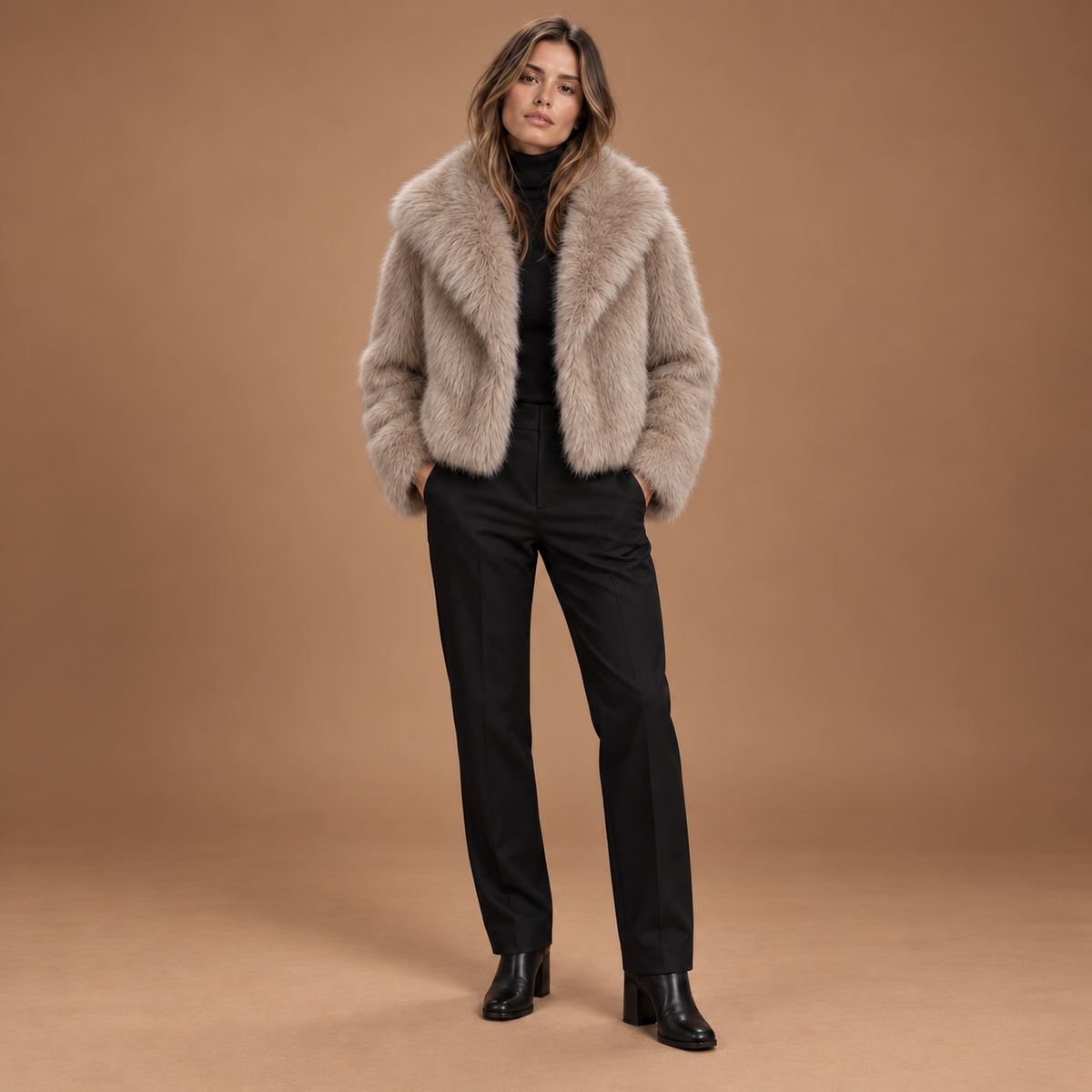 Loovay Mavelle Faux Fur Jas met Brede Schalkraag