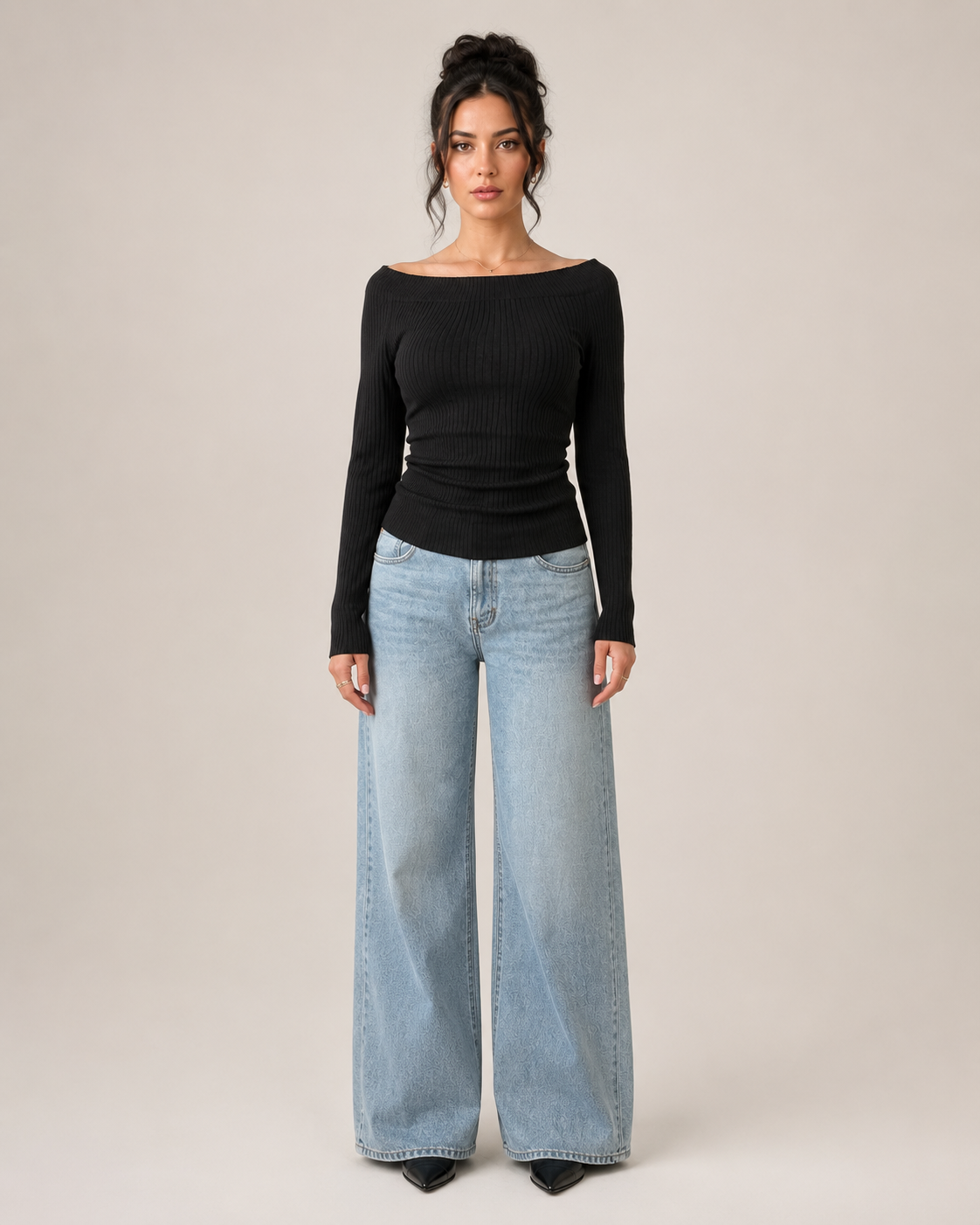 Loovay Norelle Top, Zwarte Off-Shoulder Top