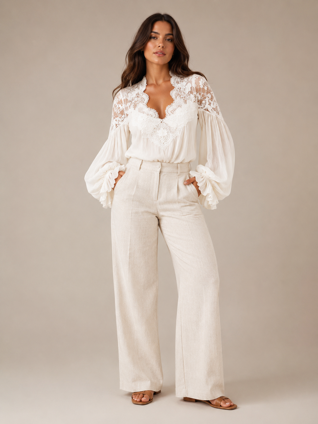 Loovay Elvaria Blouse, Kanten V-hals en Ballonmouwen