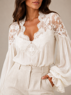 Loovay Elvaria Blouse, Kanten V-hals en Ballonmouwen