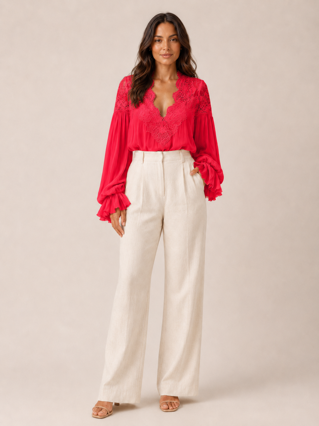 Loovay Palunora Blouse met Kant en Pofmouwen
