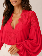 Loovay Elvaria Blouse, Kanten V-hals en Ballonmouwen